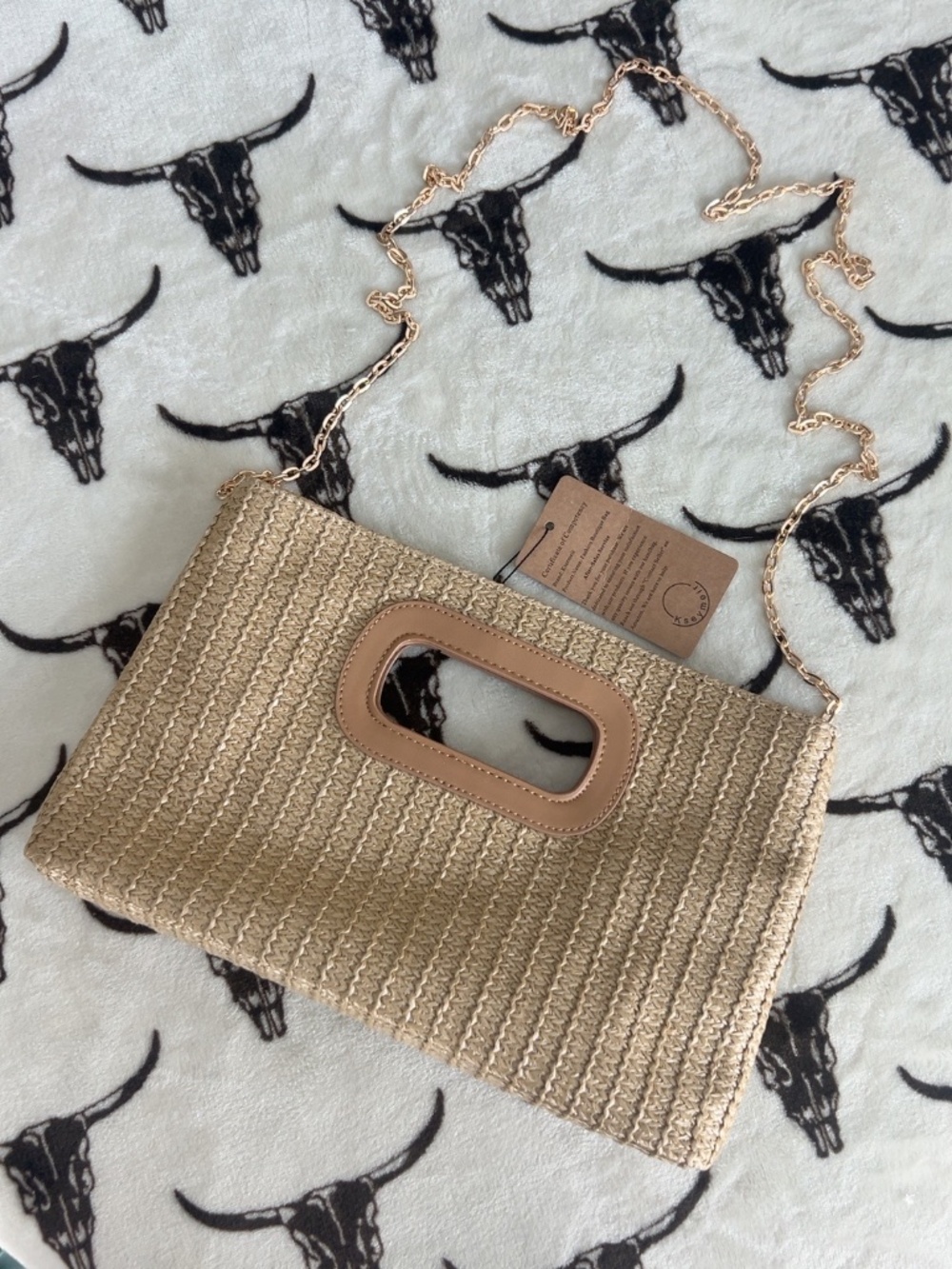 Kseymeir Straw Woven Clutch Crossbody Bag Gold Chain Beige NWT